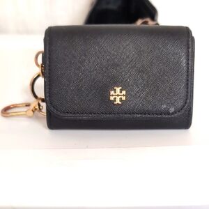 Tory Burch Black Coated Canvas Keychain Card ID Holder Mini Size